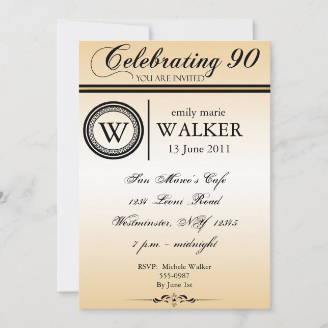 Monogram 90th Birthday Party Invitation (Front)