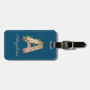 Monogram A blue wood letter flower Luggage Tag