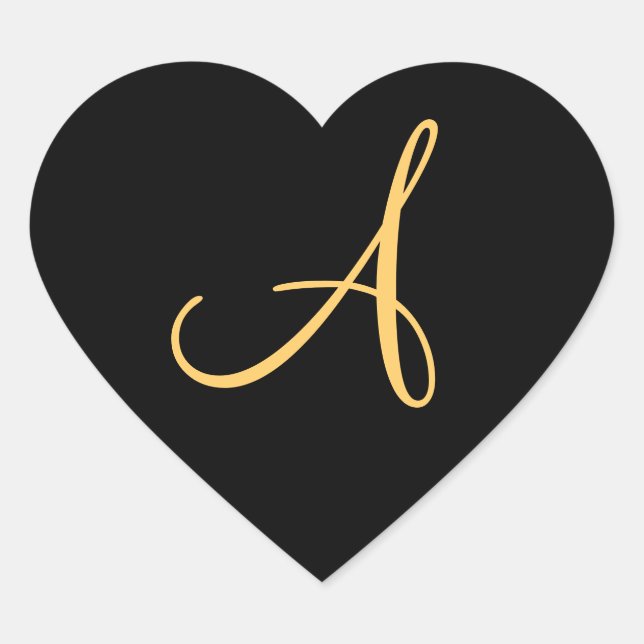 Monogram A,  gold coloured initial A on black, Heart Sticker (Front)