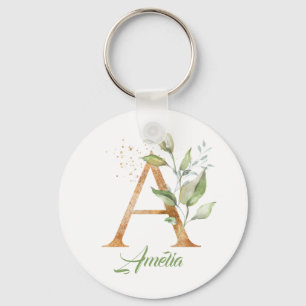 Monogram A green eucalyptus faux gold foil Key Ring