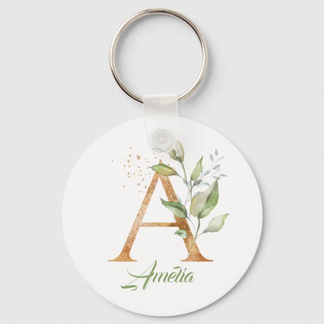 Monogram A green eucalyptus faux gold foil Key Ring (Front)