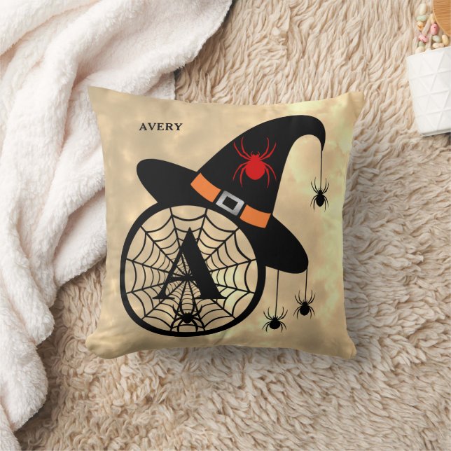 Monogram A Halloween Sky Witch Spiders Name Cushion (Blanket)