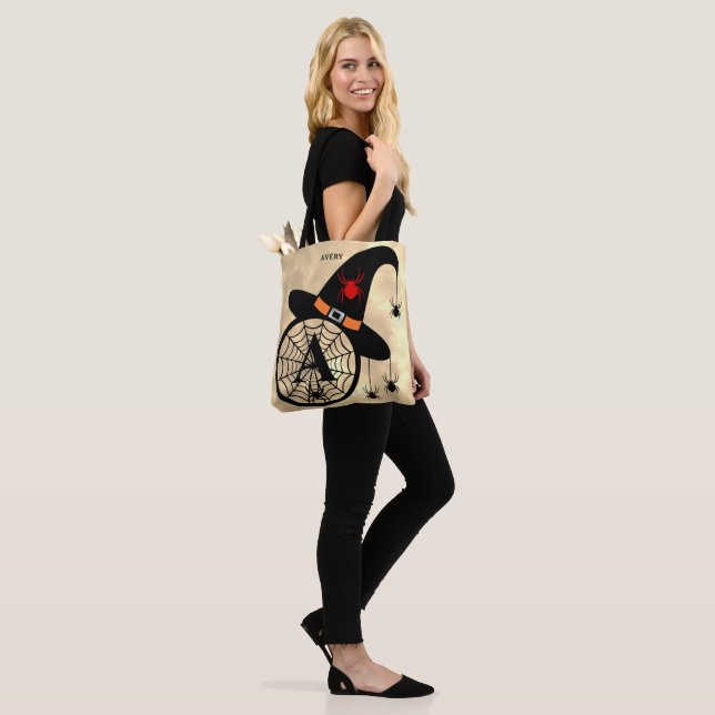 Monogram A Halloween Sky Witch Spiders Name Tote Bag (On Model)