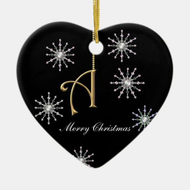 Monogram A Heart Shaped Christmas Snowflakes Ceramic Tree Decoration (Front)