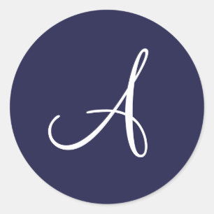 Monogram A in White on Navy Blue, Classic Round Sticker