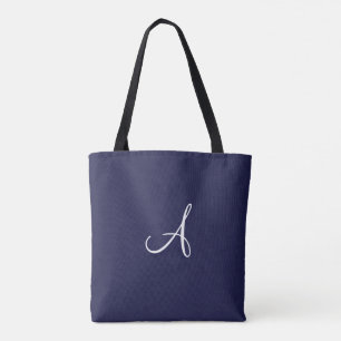 Monogram A in White on Navy Blue Tote Bag