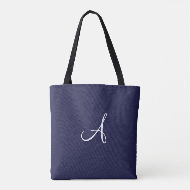 Monogram A in White on Navy Blue Tote Bag (Back)