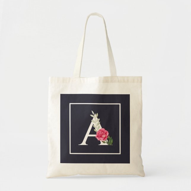 Monogram A in White Pink Rose and Leaves Dark Grey Tote Bag (Front)