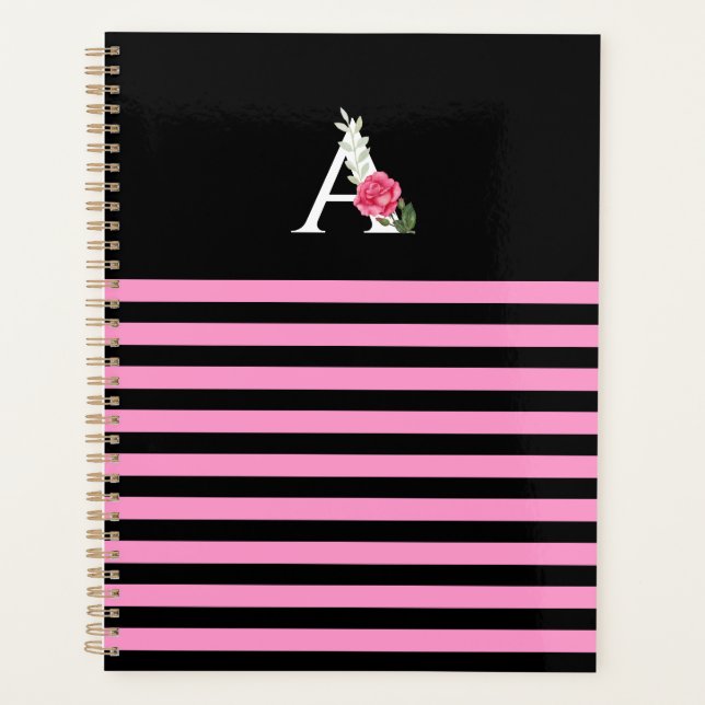 Monogram A in White Pink Rose and Leaves Stripes Planner (Front)