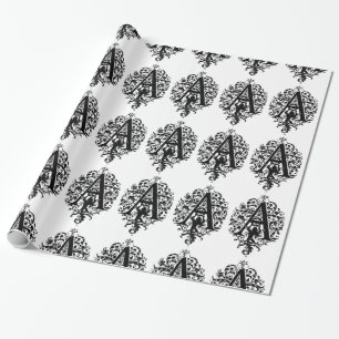 Monogram A Initial Black and White Floral Pattern Wrapping Paper