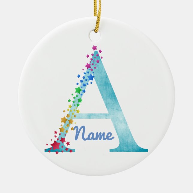 Monogram A initial lighter Rainbow Stars Ceramic Tree Decoration (Front)