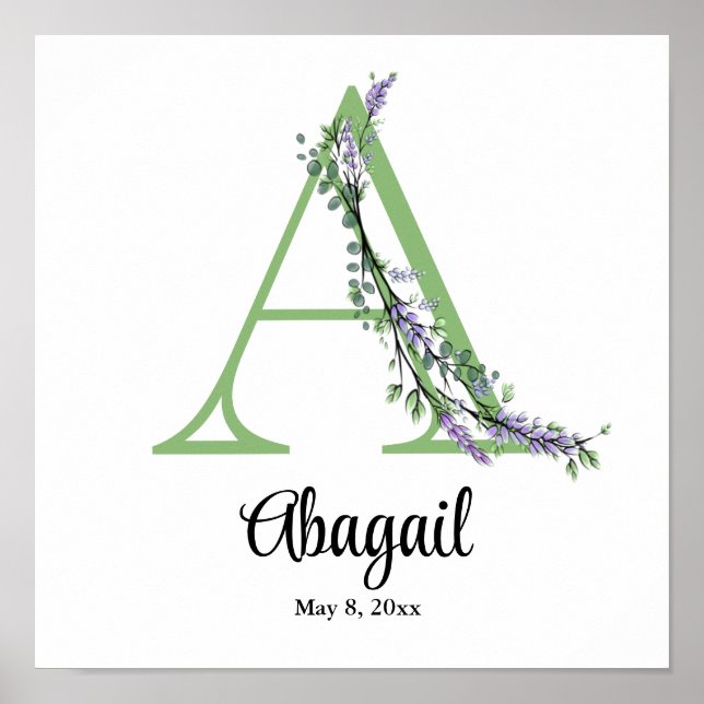 Monogram A Lavender Eucalyptus nursery  Poster (Front)