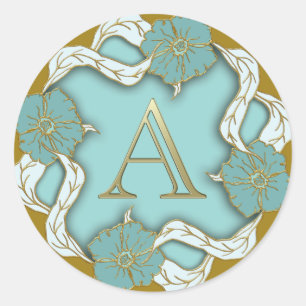 Monogram A ornate turquoise Classic Round Sticker