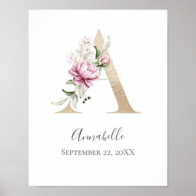 Monogram A Pink White Floral Gold Letter Nursery   Poster (Front)