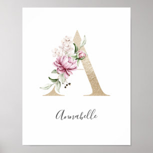Monogram A Pink White Floral Gold Letter Nursery  Poster