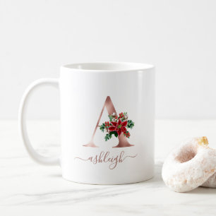 Monogram A Rose Gold Poinsettia Script Coffee Mug