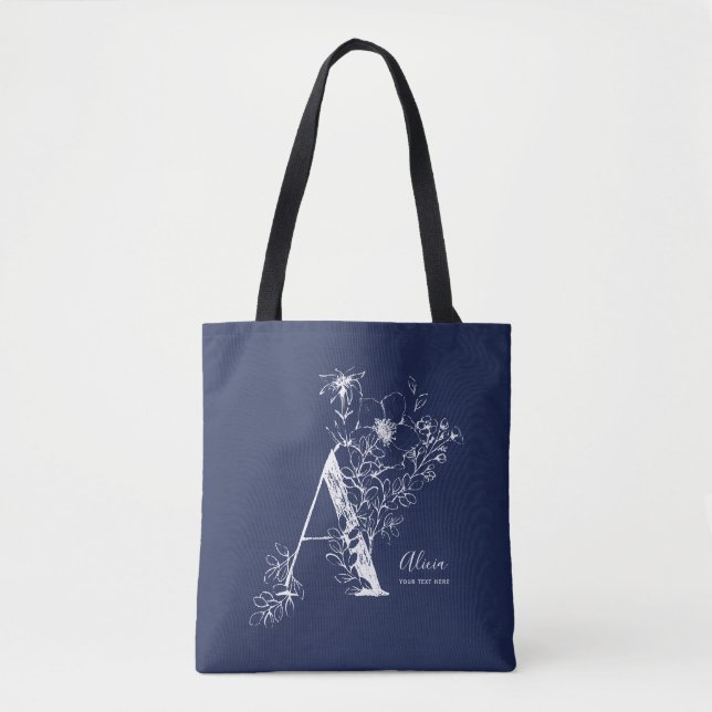Monogram A Rustic floral Navy Blue personalised  Tote Bag (Front)