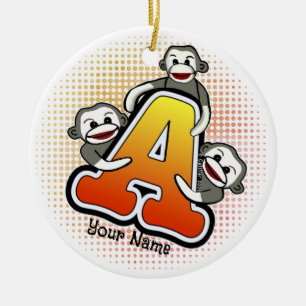 Monogram A Sock Monkey  Ceramic Tree Decoration