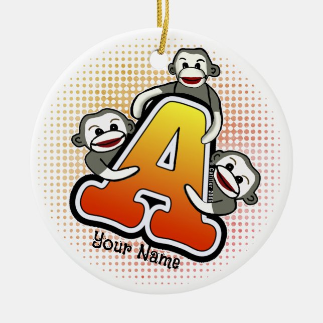 Monogram A Sock Monkey  Ceramic Tree Decoration (Front)