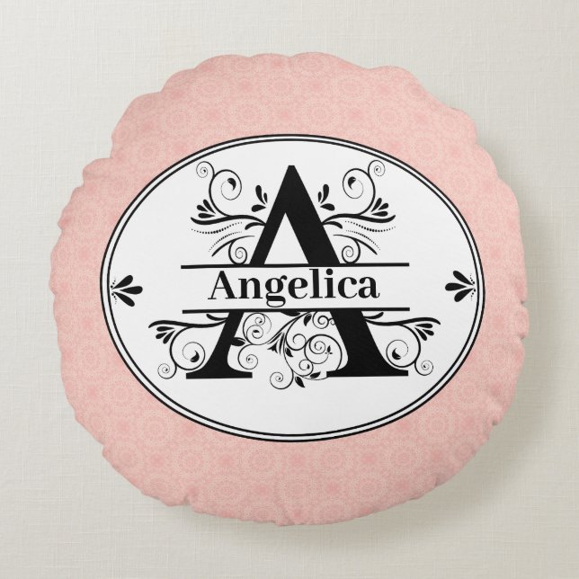 Monogram A with light small pink pattern backgroun Round Cushion (Front)