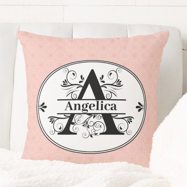Monogram A with  small pink pattern background Cushion (Monogram A with small pink pattern background Throw Pillow)