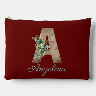 Monogram A wood letter dark red flower Accessory Pouch