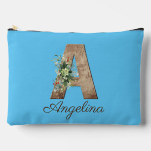 Monogram A wood letter red flower blue Accessory Pouch