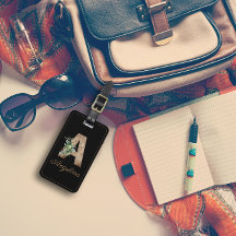 Monogram A wood letter red flower Luggage Tag