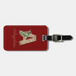 Monogram A wood letter red flower Luggage Tag