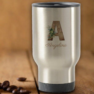Monogram A wood letter red flower Travel Mug