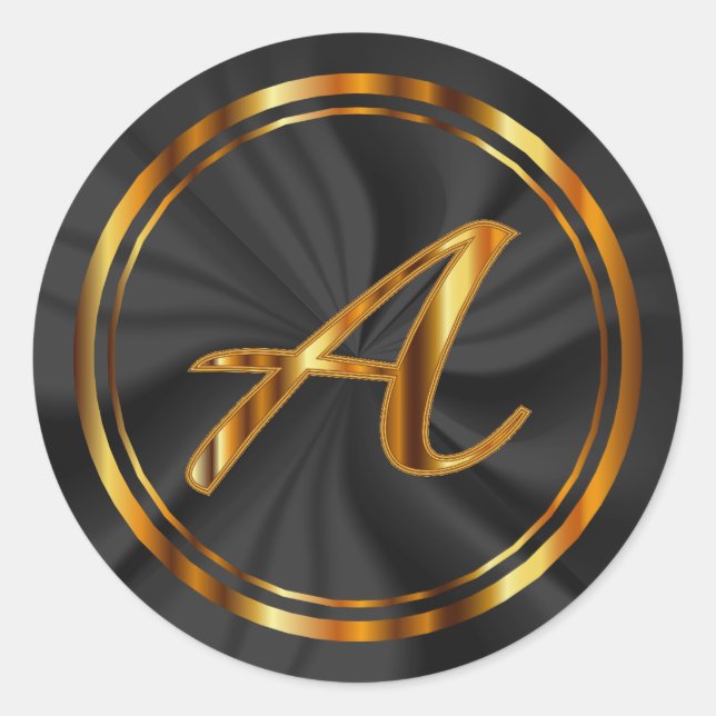 Monogram  A-Z - Metallic Gold on Black Satin Classic Round Sticker (Front)