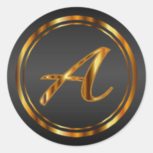 Monogram A-Z - Metallic Gold on Black Satin Classic Round Sticker