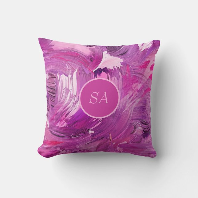 Monogram Abstract Art Purple Pink Brush Stroke Cushion (Front)