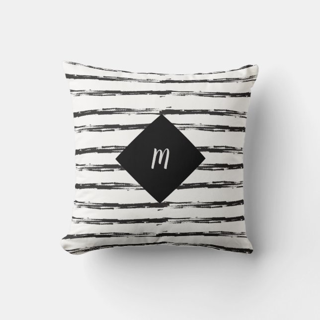 Monogram Abstract Black Brush Grunge Stripes ART Cushion (Front)