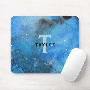 Monogram Abstract Blue Black Watercolor Fine Art Mouse Mat