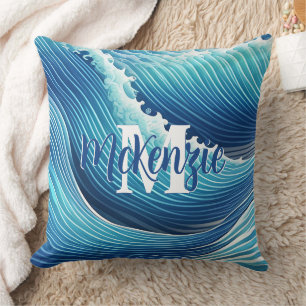 Monogram Abstract Blue Ocean Wave Cushion