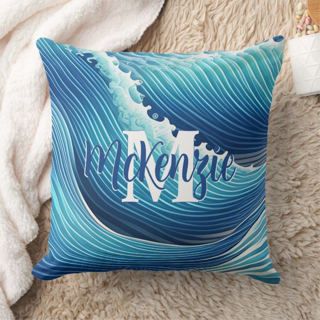 Monogram Abstract Blue Ocean Wave Cushion (Blanket)