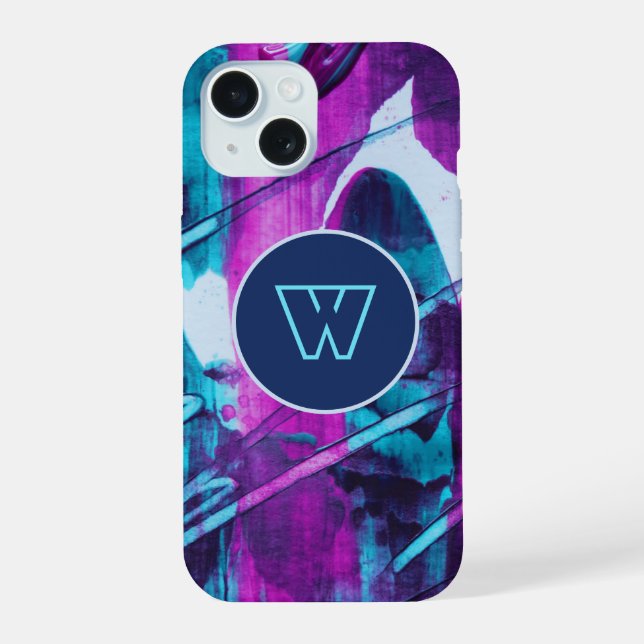 Monogram Abstract Blue Pink Brush Strokes iPhone 15 Case (Back)