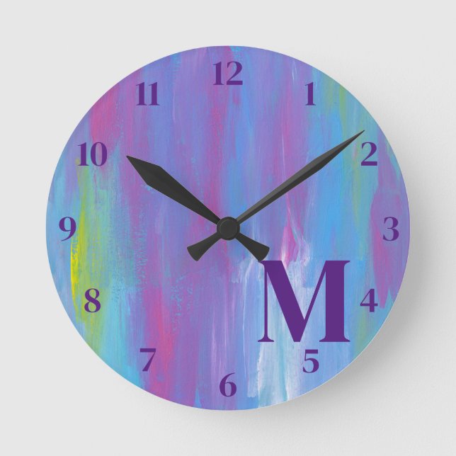 Monogram Abstract Blue Purple Green White Round Clock (Front)