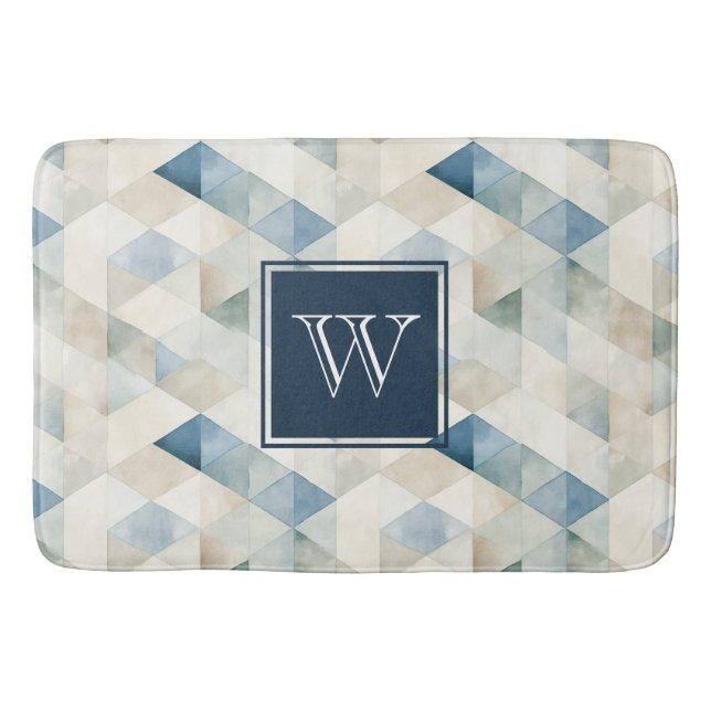 Monogram Abstract Blue Tranquil Beach Pattern Bath Mat (Front)