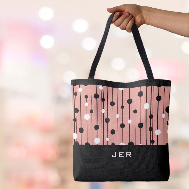 Monogram Abstract Circles Lines Black White Pink Tote Bag (Monogrammed Initials or Name Abstract Circles Lines Modern Pink Black Canvas Shopping Tote Bag)