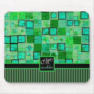 Monogram Abstract Geometric Squares Stripes Green Mouse Mat