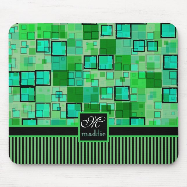Monogram Abstract Geometric Squares Stripes Green Mouse Mat (Front)