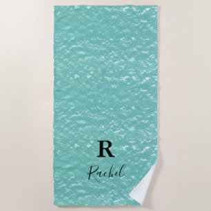 Monogram Abstract Glitter Sparkle Teal Lake Blue Beach Towel
