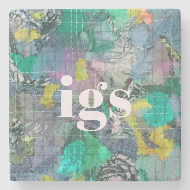 Monogram abstract pattern green blue grey nature  stone coaster (Front)
