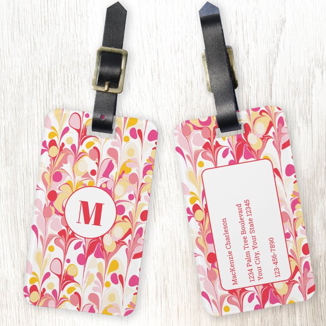 Monogram Abstract Pattern Pink Marbled Luggage Tag (Monogram initial pink, peach and red marble abstract personalized luggage tag)