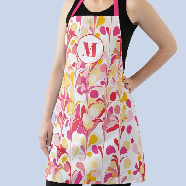 Monogram Abstract Retro Marble Pattern Apron (Retro abstract marble pattern pink yellow monogram initial personalized apron)