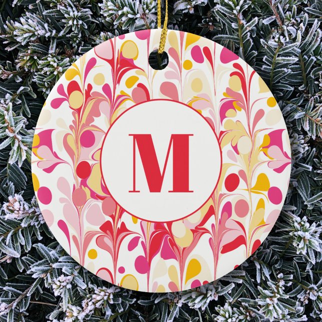 Monogram Abstract Retro Marble Pattern Ceramic Tree Decoration (Retro marble pattern monogram initial personalized ceramic ornament)