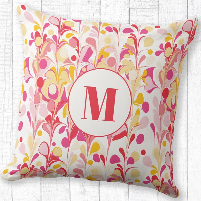 Monogram Abstract Retro Marble Pattern Cushion (Modern monogram initial retro marble pattern pink red yellow personalized throw pillow)