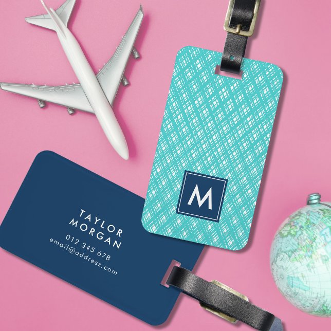 Monogram Abstract Turquoise Line Strokes Pattern Luggage Tag (Creator Uploaded)